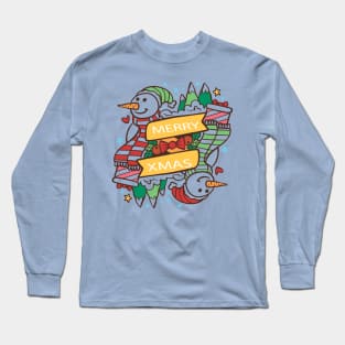 Merry Xmas Snowman Hand Drawn Long Sleeve T-Shirt